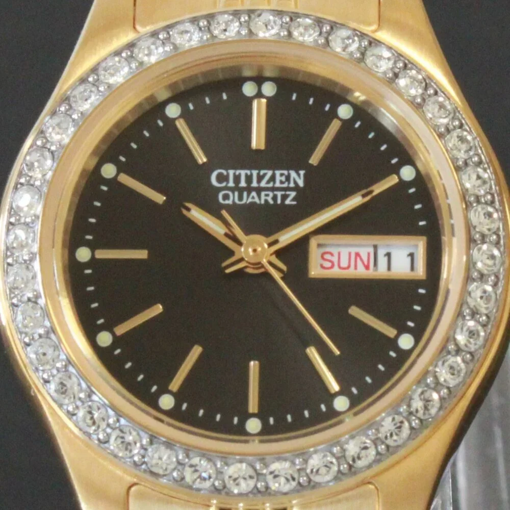 Citizen Ladies Classic Quartz Watch Crystal Bezel Gold Toone Black Dial 26mm - Picture 12 of 13